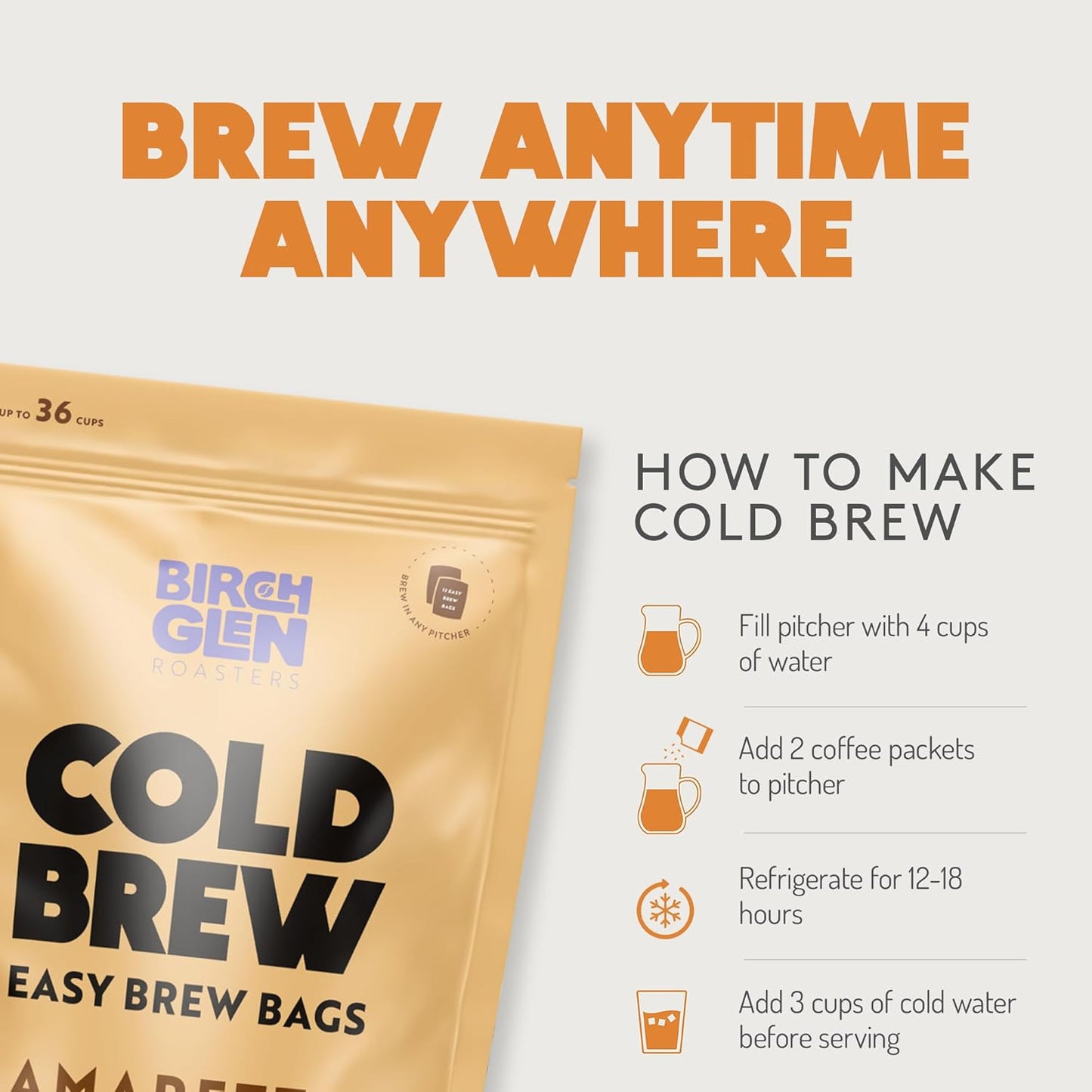 Birch Glen Roasters Cold Brew Coffee Bags - 12 Pack of Coarse Ground Coffee Filter Pitcher Packs for Easy Brewing - 100% Arabica - Yields 6 Pitchers - Medium Roast