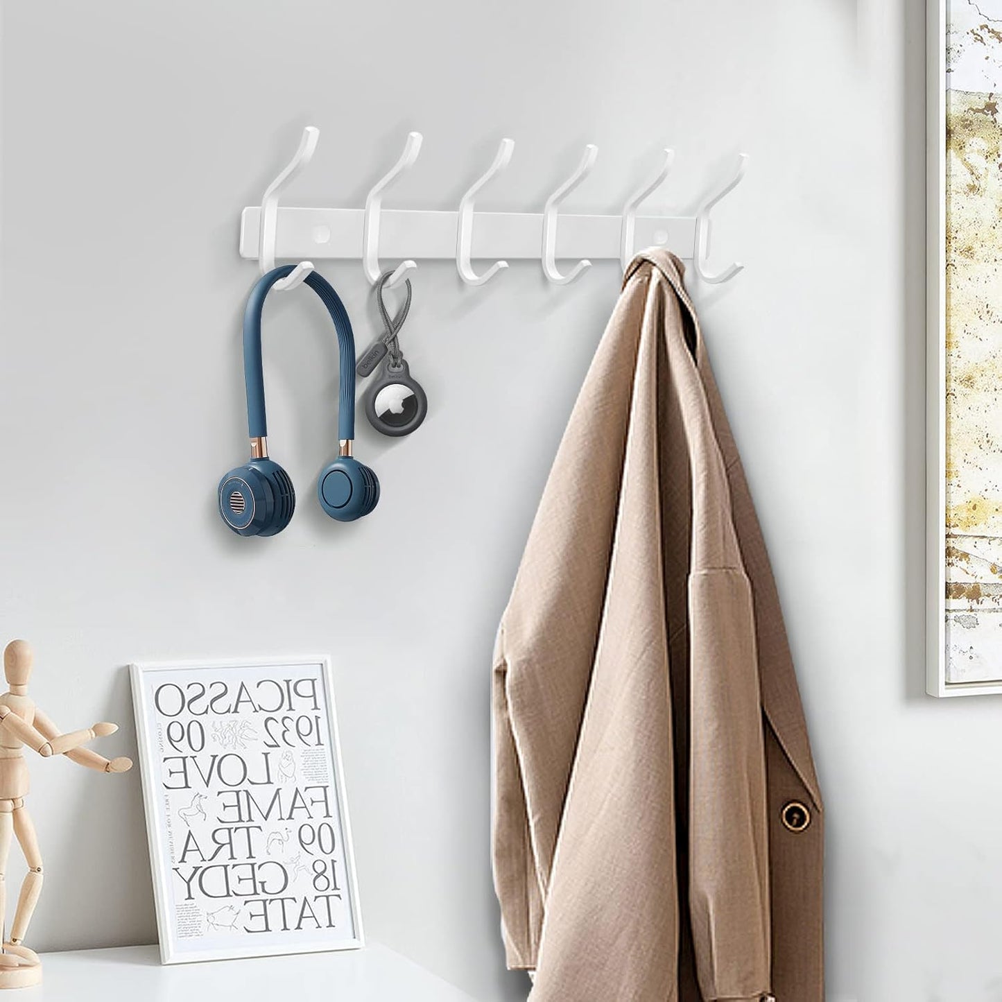 White Wall Hooks Heavy Duty, 12 Inch Coat Hooks Wall Mount with 4 Hooks, Wall Hooks Hangers for Entryway, Bathroom - for Hanging Backpack, Bag, Coat, Purse, Hat, Towel, Clothes