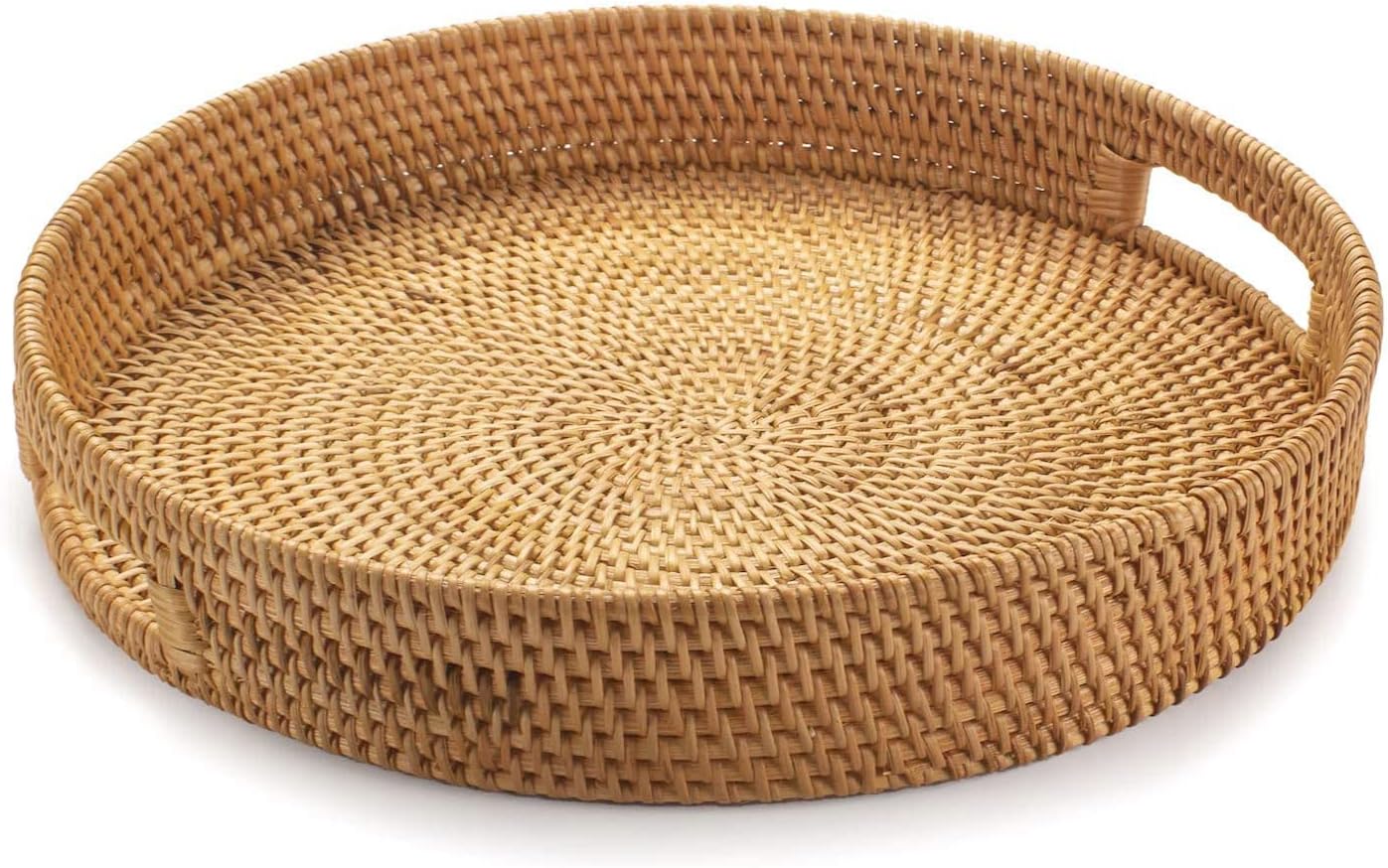 YANGQIHOME Rattan Round Serving Tray, Decorative Coffee Table Tray, Hand Woven Serving Basket with Handles, Ottoman Wicker Fruit/Bread Serving Basket, 13.8 inch