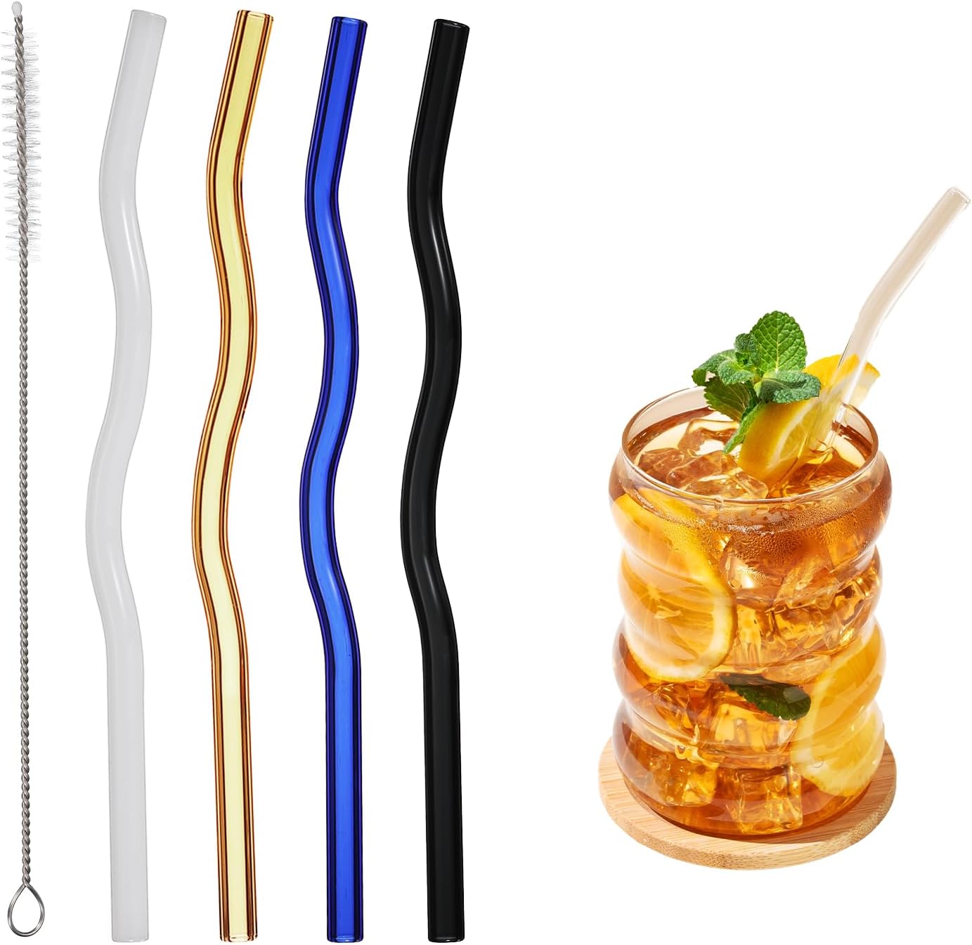 uxcell 4 Pcs Reusable Glass Drinking Straws, 7.87'' x 8 mm Reusable Straws Set with 4 Wave 1 Brush for Milkshakes Juice Coffee Milk Tea Cocktails, Midnight Cream Tone