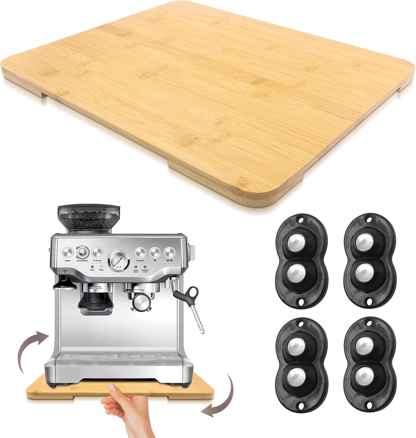 360° Rolling Tray Bamboo Appliance Slider for Kitchen Appliances, for Breville Espresso Machine Accessories, Sliding Tray for Coffee Maker Appliances Mat Easily from Under The Cabinet Natural13"×15.7"