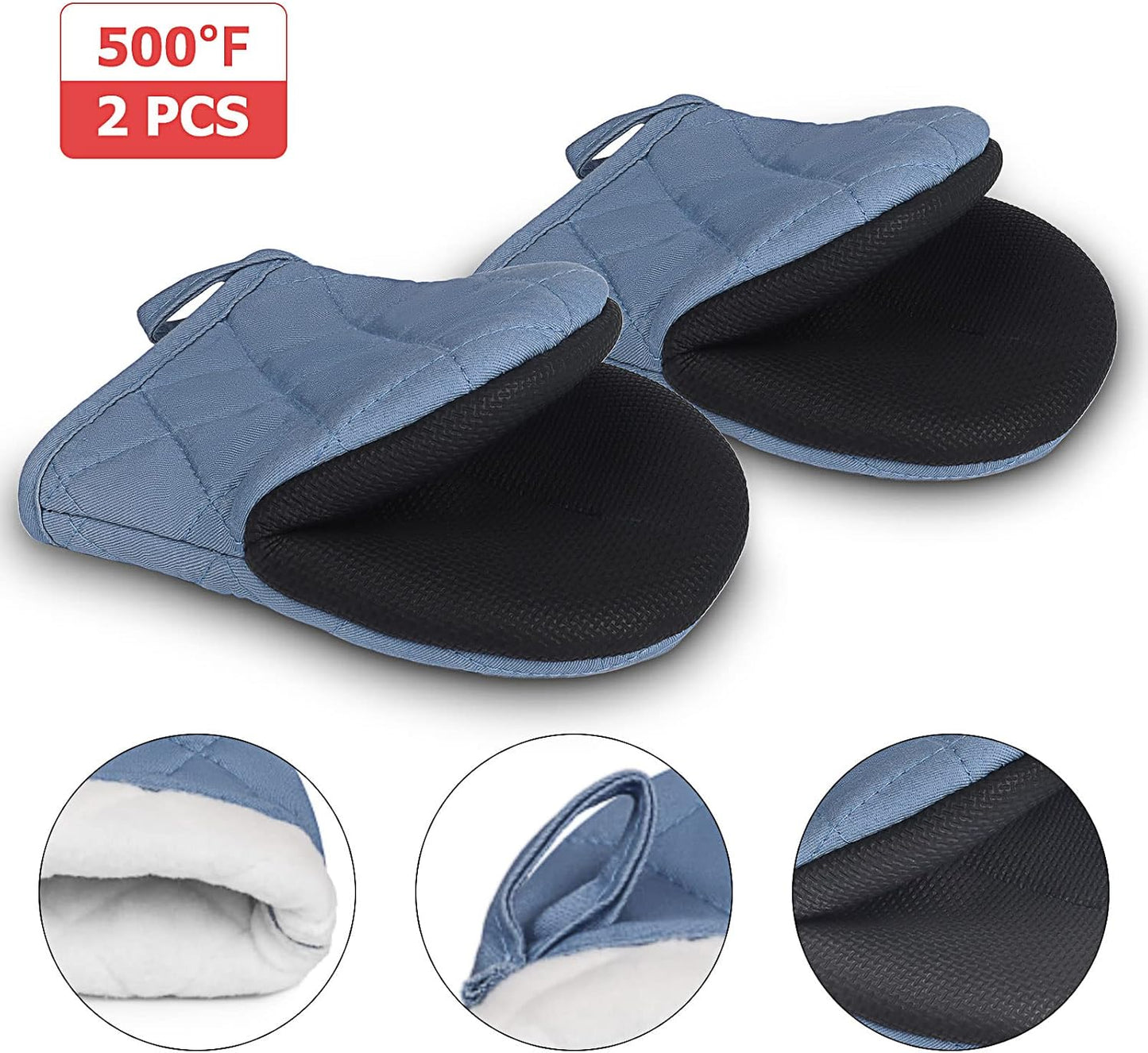 1 Pair Short Oven Mitts, Heat Resistant Silicone Kitchen Mini Oven Mitts for 500 Degrees, Non-Slip Grip Surfaces and Hanging Loop Gloves, Baking Grilling Barbecue Microwave Machine Washable (Sky Blue)