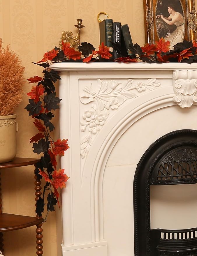 Joyhalo 5 Pack Fall Garland, Halloween Leaves Garland, Black Outdoor Leaf Vine for Mantle, Door Frame,Fireplace and Thanksgiving Decor