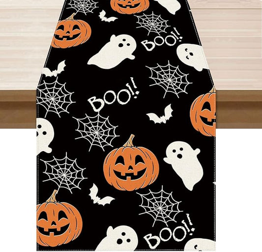 XCHI Boo Spooky Ghost Pumpkin Halloween Table Runner Burlap Table Decoration for Home Kitchen Dining Dinner Indoor Holiday Farmhouse Decor 13x48 Inch