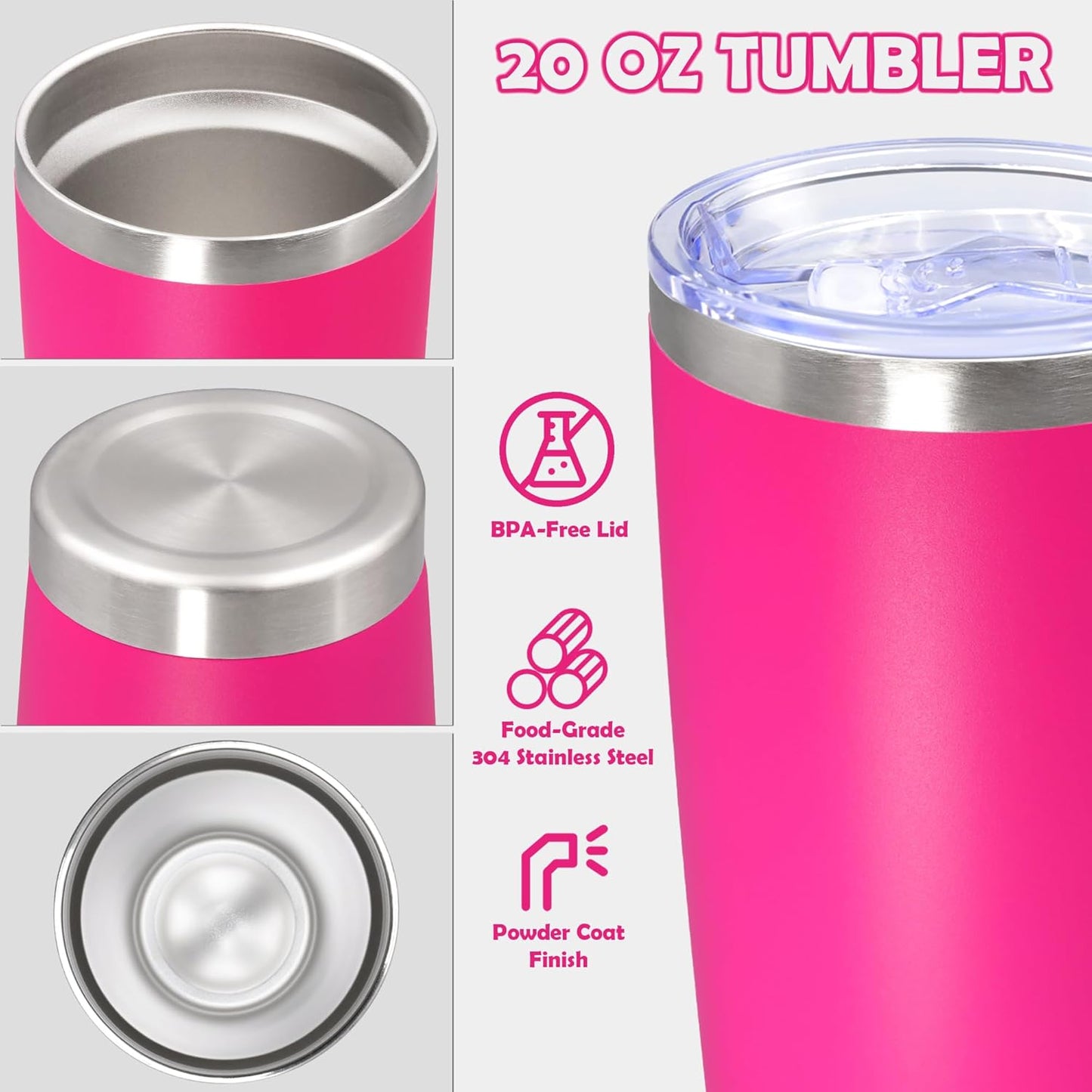 20oz Tumbler Stainless Steel Tumbler Cup with Lid Vacuum Insulated Double Wall Travel Mug, Durable Powder Coated Travel Coffee Tumbler Mug for Hot & Cold Drinks, Hot Pink,1 Pack