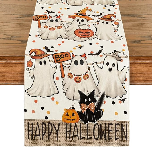 Artoid Mode Beige Ghost Jack-O'-Lantern Black Cat Halloween Table Runner,Holiday Kitchen Dining Table Decoration for Home Party Decor 13 x 72 Inch