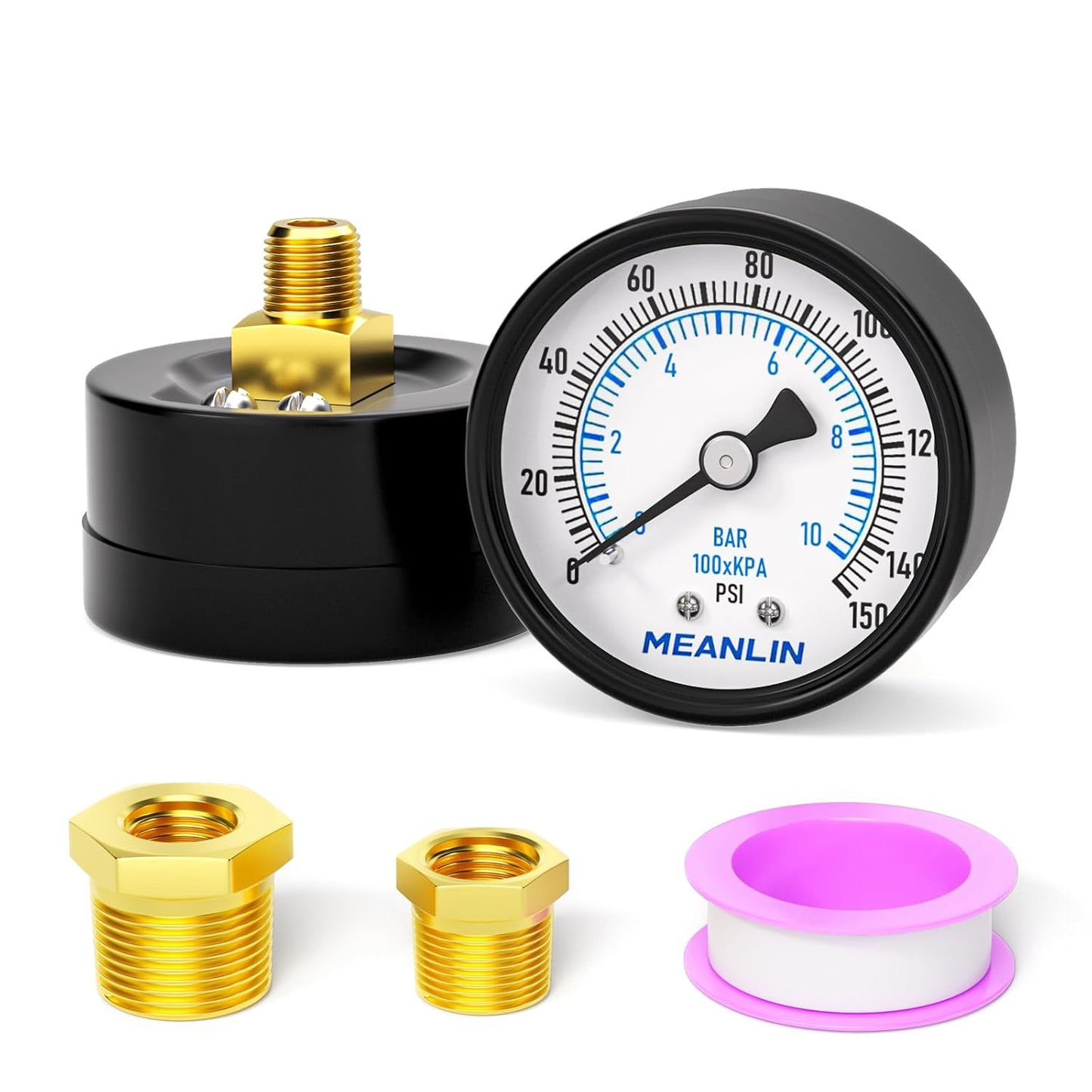 MEANLIN MEASURE 0-150Psi 2" DIAL FACE 1/8" NPT Well Pump Pressure Gauge, with 1/4" NPT and 3/8" NPT Hex Bushing, 3-2-3% Accuracy, Center Back Mount