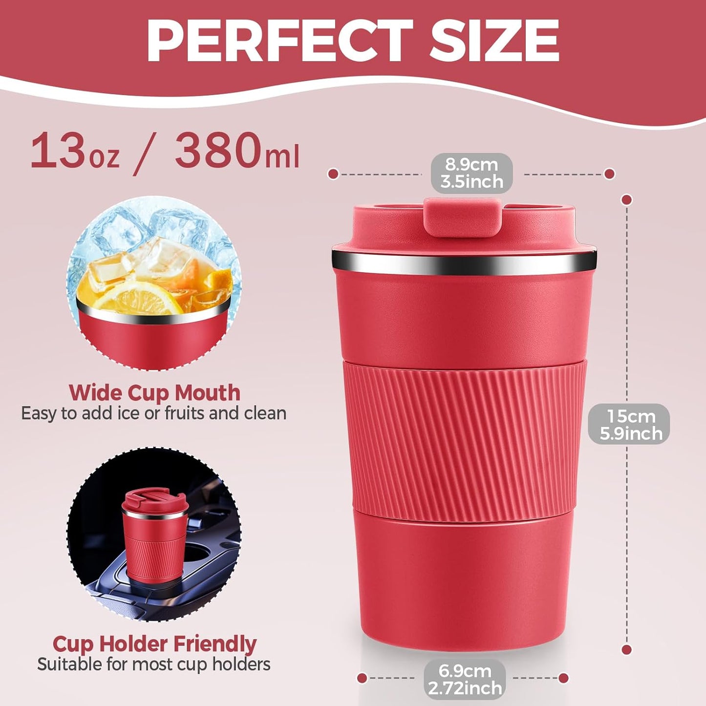Volhoply 13 oz Stainless Steel Insulated Travel Coffee Mug with Fip Lid Bulk 2 Pack,Reusable Double Wall Vacuum Metal Coffee Cup,Portable Leak Proof Thermal Tumbler for Hot & Cold Drinks(Red,2)