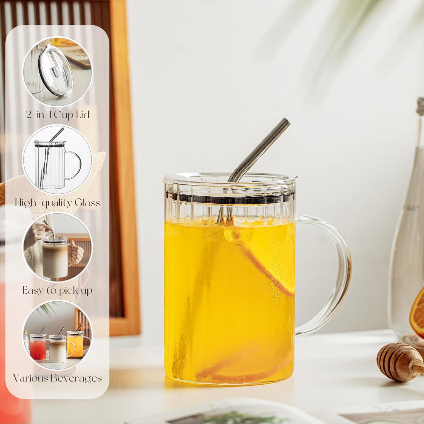 KEMORELA Large Ribbed Glass Tumbler with Handle & Lid, 2‑Pack 1000 ml / 34 oz Glass Cups with Reusable Straw – Thickened Ribbed Glass Mug for Iced Coffee, Juice, Smoothie & Cold Drinks