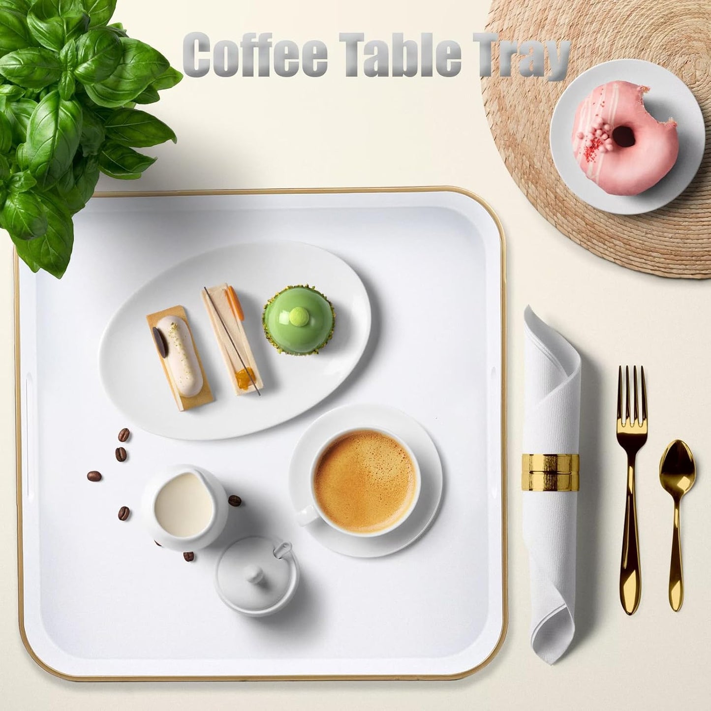 White Square Decorative Tray with Handles, 13"*13" Versatile Serving Tray for Coffee Table, Ottoman, Ideal for Serving, Displaying, Organizing