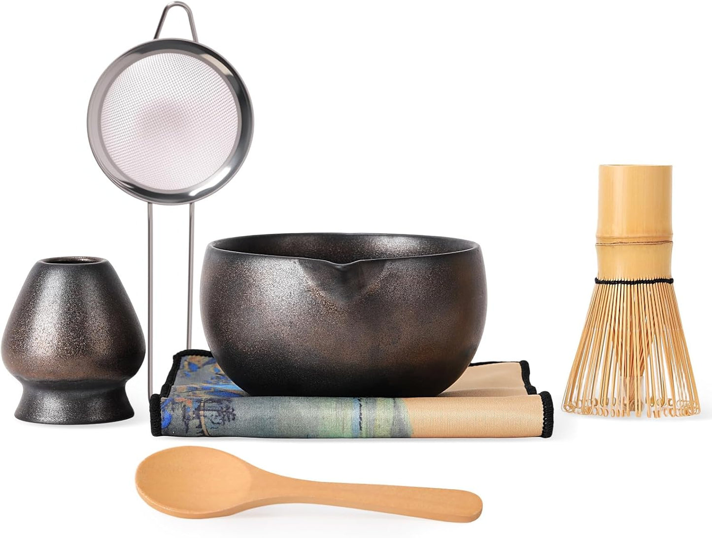 Japanese Matcha Whisk Set - 6-Piece Kit with Bamboo Chasen, Matcha Ceramic Bowl with Spout, Stainless Steel Sifter Gold Black