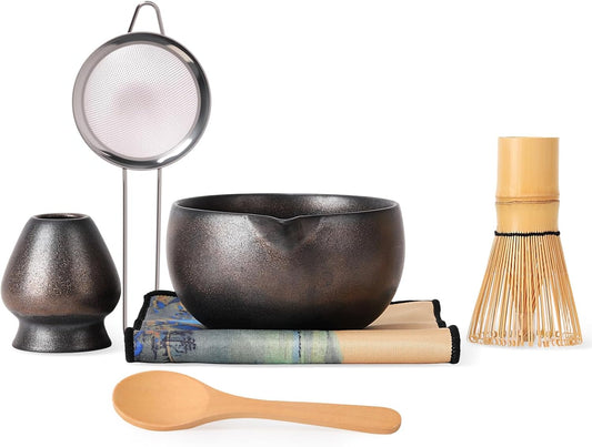 Japanese Matcha Whisk Set - 6-Piece Kit with Bamboo Chasen, Matcha Ceramic Bowl with Spout, Stainless Steel Sifter Gold Black