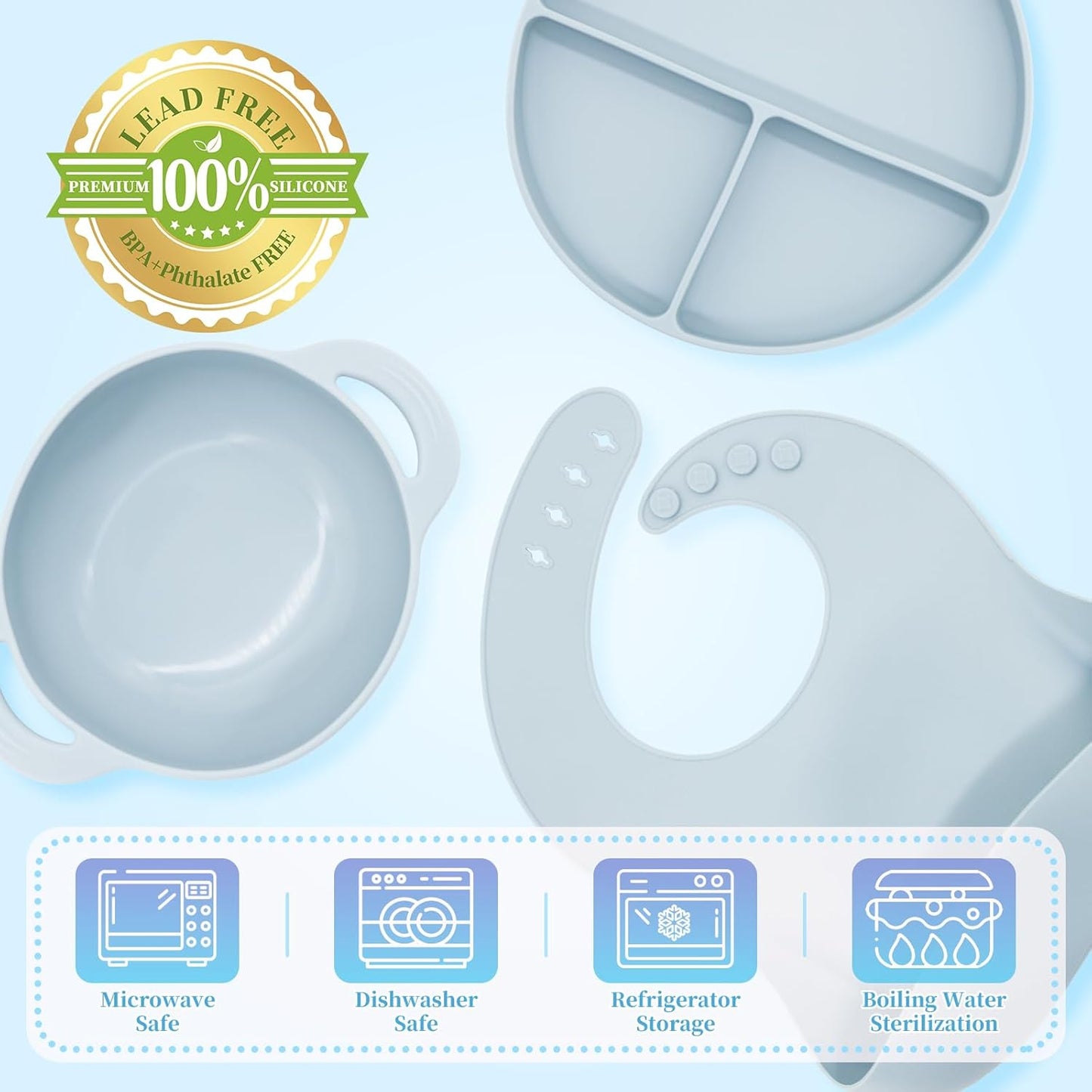 Silicone Baby Feeding Set 10 Pcs, Baby Led Weaning Supplies, BPA Free, Blue