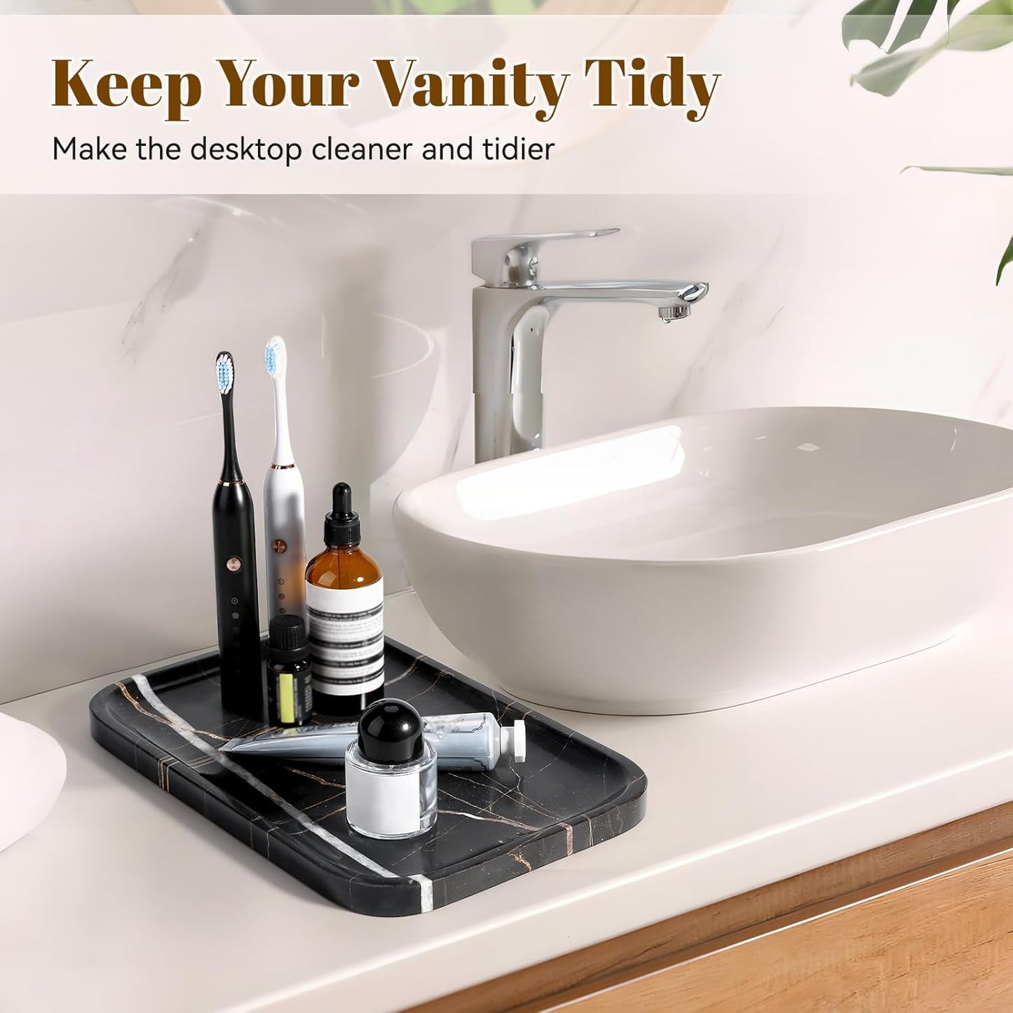 Koville Marble Tray, 12"x8" Marble Vanity Tray for Bathroom Kitchen Countertop, Rectangular Stone Tray for Cosmetics Perfume Trinket, Decorative Catchall Trays (Black)