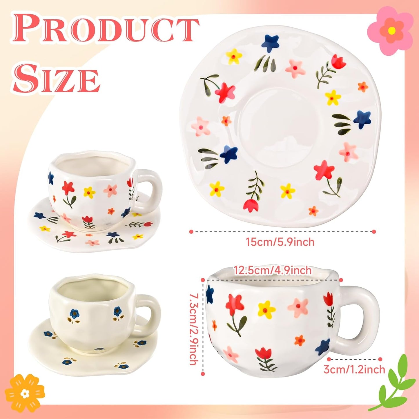 Ceramic Coffee Mug Vintage Flower Mugs 8 oz Cute Floral Coffee Mugs Irregular Latte Art Cup Lead-free Porcelain Cups for Cappuccino, Cocoa (Blue and Pink Mug with Saucers)