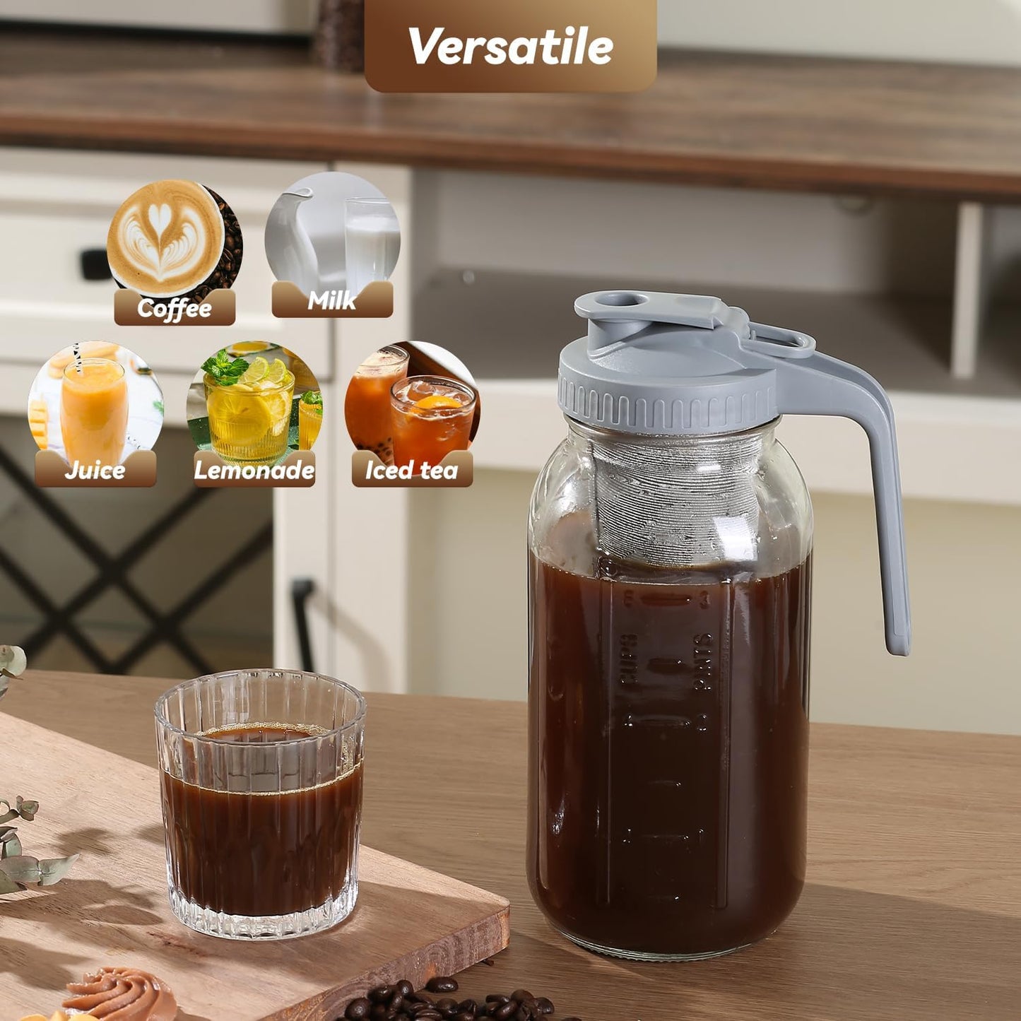 Cold Brew Coffee Maker Pitcher 64-ounce Glass Wide Mouth Mason Jar with Stainless Steel Filter and Pour Spout Handle Lid (Grey, 64Ounce)