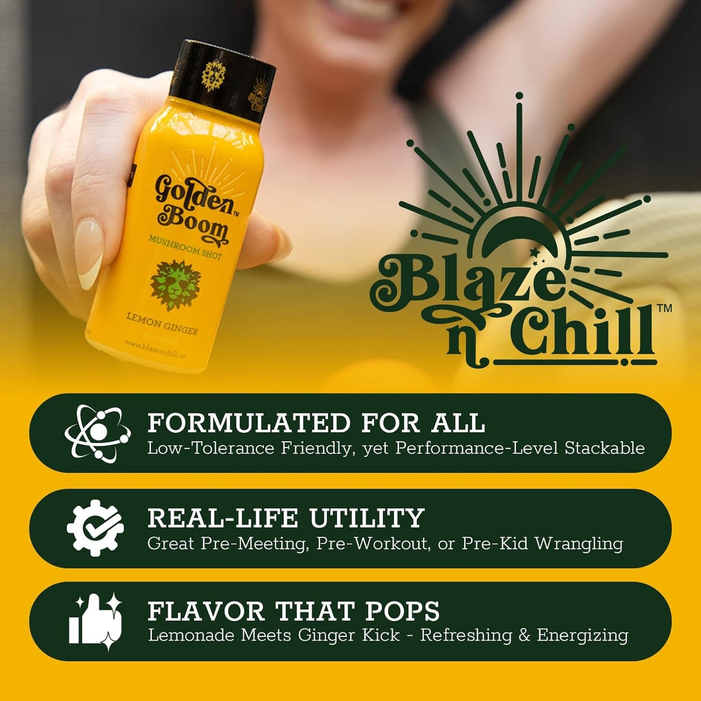 Blaze n Chill Golden Boom Mushroom Shot – Focus & Endurance Drink with Lion's Mane, Cordyceps, B-12 & Ginseng – Natural Mushrooms - Lemon Ginger (2fl oz, 6 Pack)