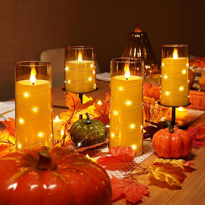 Homemory Acrylic Flameless Candles with Embedded Star String Fairy Lights, Battery Operated Candle, LED Candles, Fake Candles with Remote Control and Timer for Halloween, Amber, Set of 5(H4"5"6"8"8")