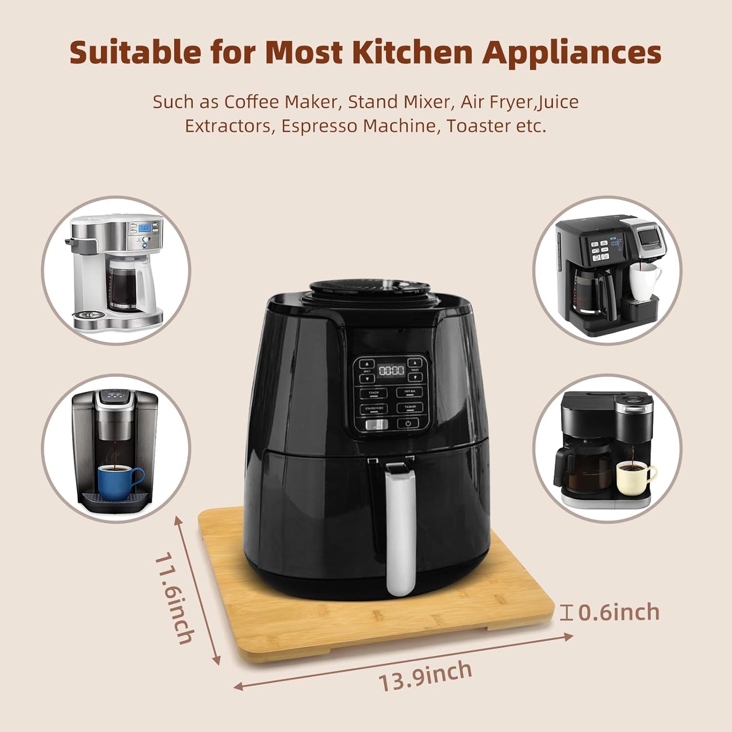 360° Rolling Tray Bamboo Appliance Slider for Kitchen Appliances, Coffee Maker Mat Tray for Countertops Sliding Tray for Coffee Maker Appliances Mat Easily from Under The Cabinet Natural11.6×13.9