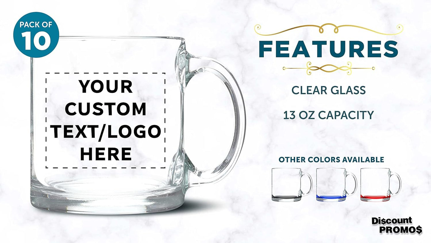Custom Libbey Clear Glass Coffee Mugs 13 oz. Set of 10, Personalized Bulk Pack - Perfect for Coffee, Tea, Espresso, Hot Cocoa, Other Beverages - Clear Bottom