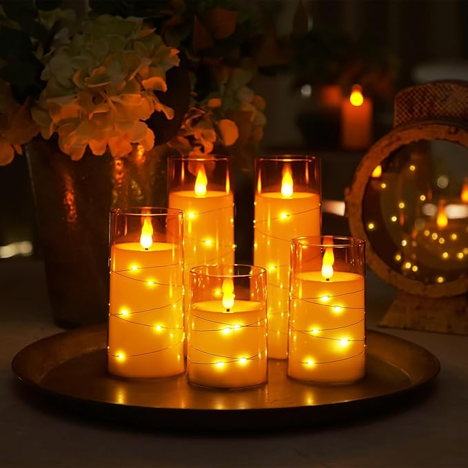 Homemory 9 Pcs Flameless Candles with Embedded Star String Fairy Lights, Battery Operated Candles, LED Candle, Fake Candles with Remote Control and Timer (Gold)