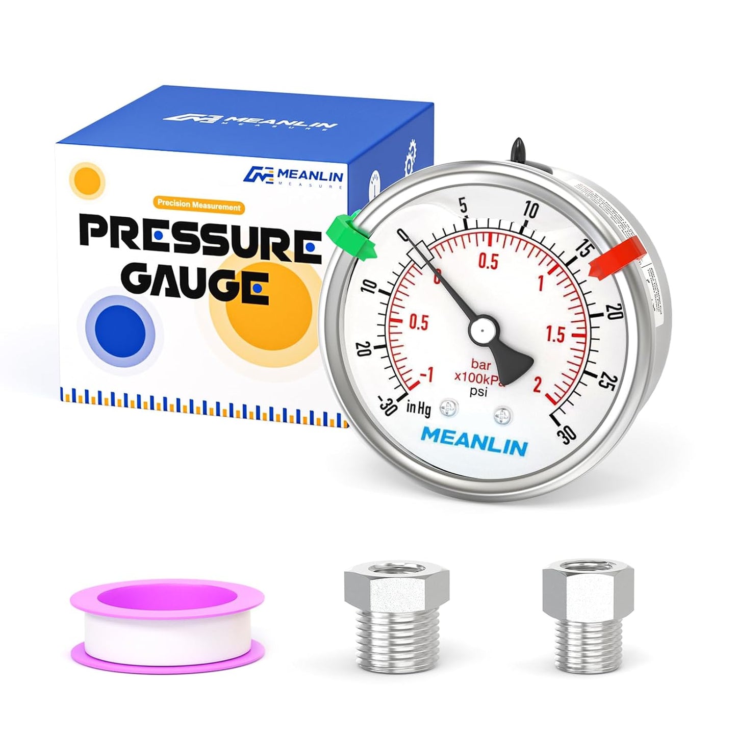MEANLIN MEASURE -30inHG~30Psi Vacuum Pressure Gauge 316 Stainless Steel Joint 1/4"NPT 2.5"FACE DIAL, Liquid Filled Pressure Gauge WOG Water Oil Air Back Mount with Stainless Steel Hex Bushing, Snaps