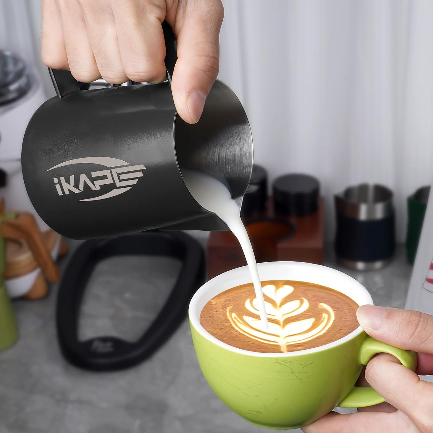 IKAPE Espresso Milk Pitcher, Espresso Steaming Pitcher with Sharp Spout for Espresso Barista Tool, 15.4 oz/450ml Milk Frothing Jug (Black)