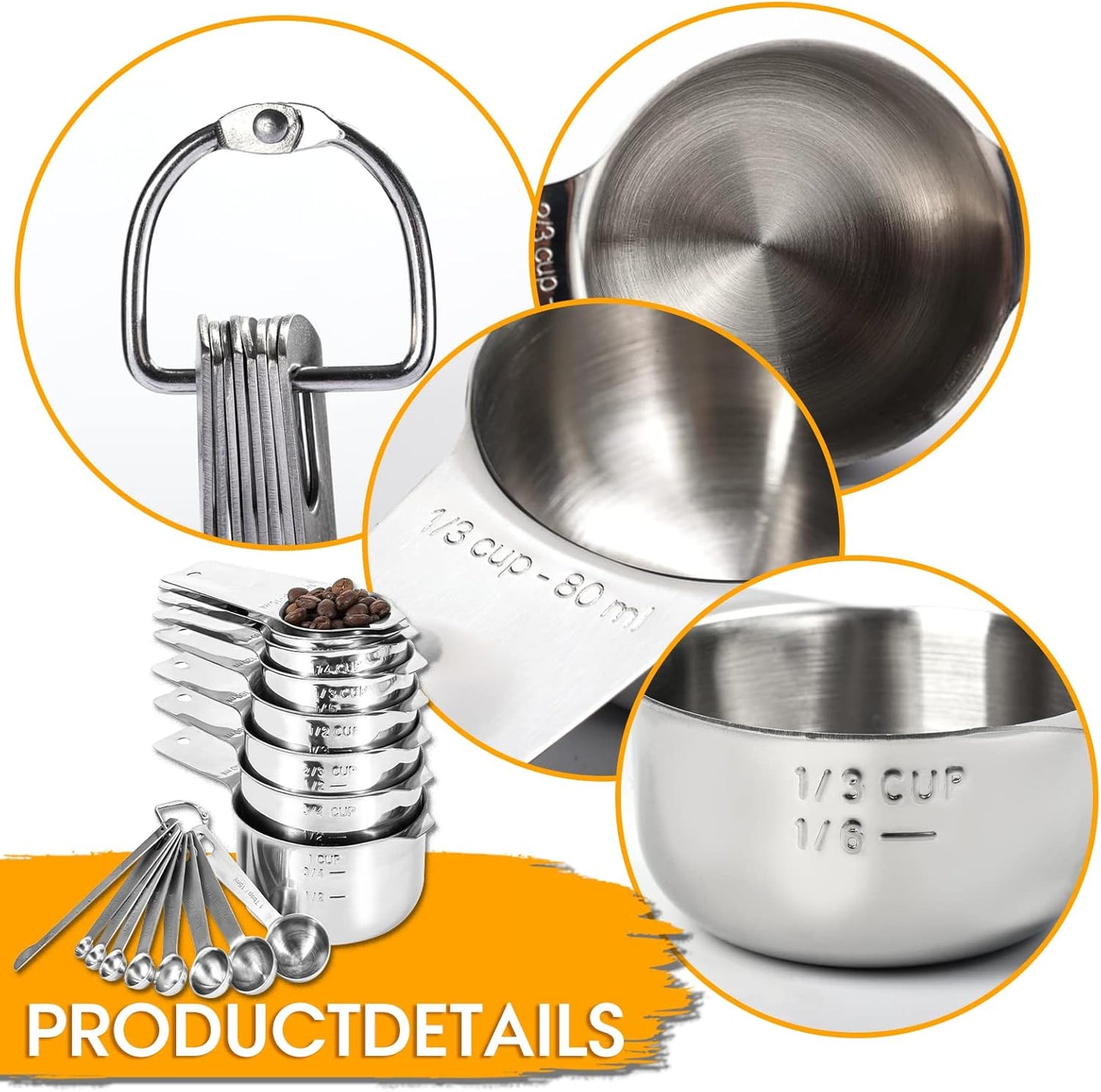 17 Piece Stainless Steel Measuring Cups and Spoons Set, with 1/16 Cup,1/3 Spoon and 1 Leveler