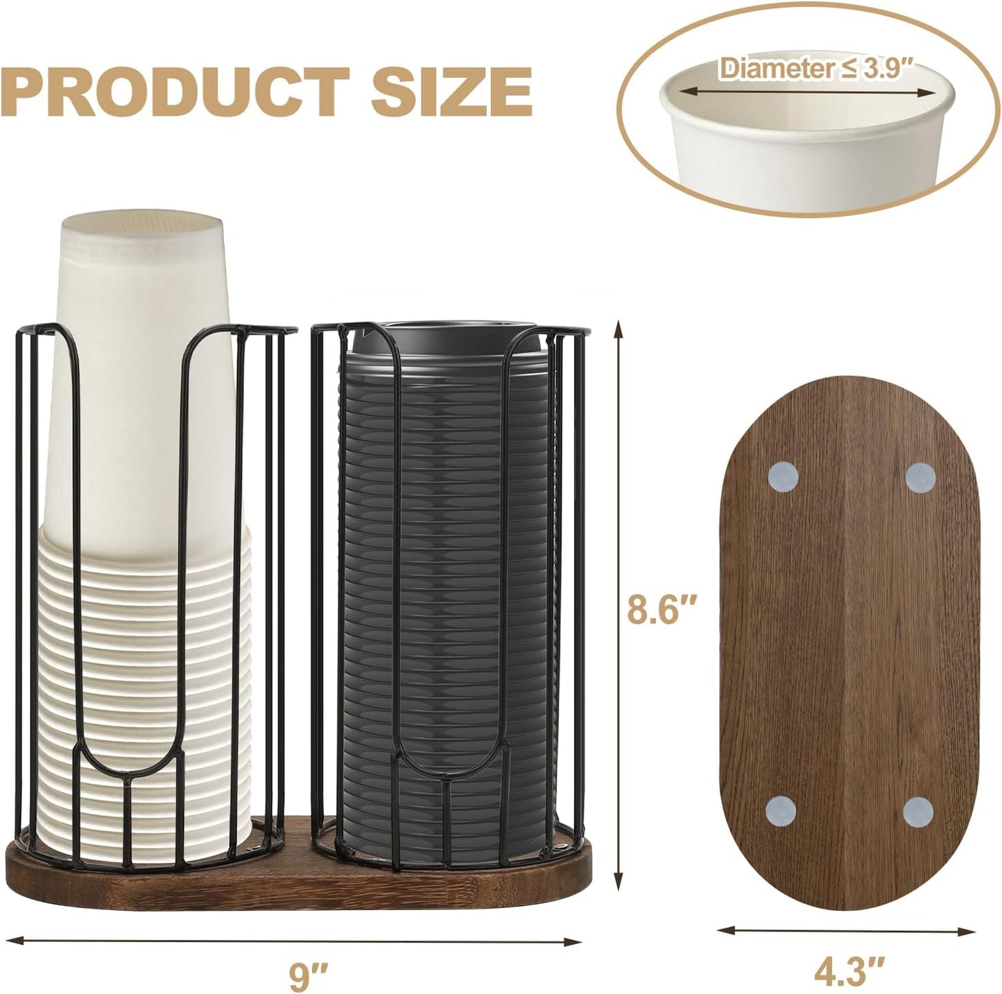 2-Compartment 18oz Coffee Cup Dispenser Rack with Wood Base, Disposable Cup, and Lid Organizer for Countertop - Perfect for Paper Cups, and Lid Organizer