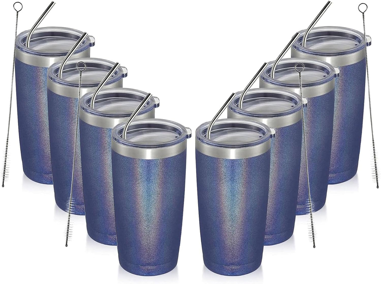 MEWAY 20oz Tumbler 8 Pack Double Wall Vacuum Insulated Travel Glitter Mug Bulk, Stainless Steel Tumblers with Lid and Straw, Powder Coated Coffee Cups for Woman(Rainbow Navy,Set of 8)