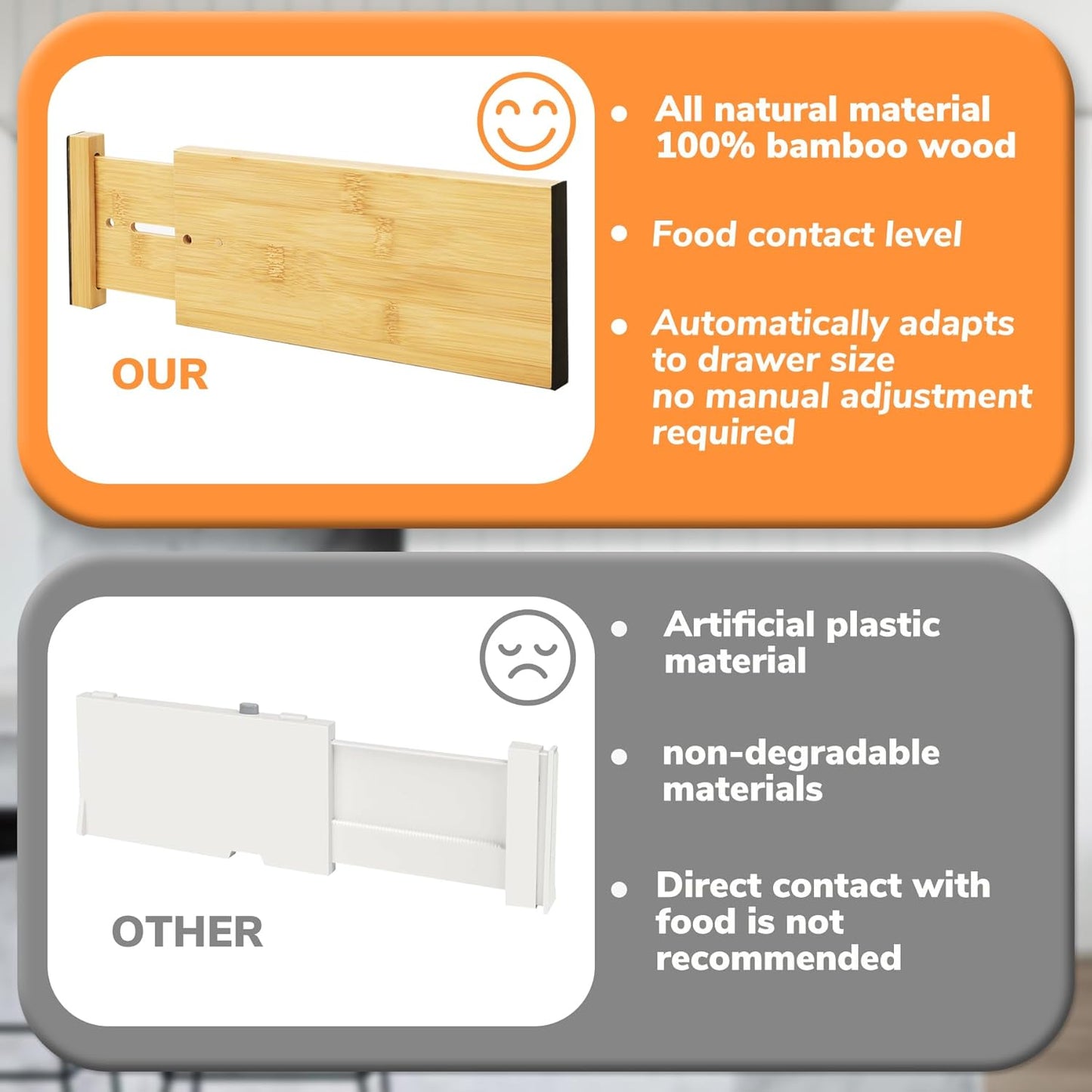 BAMEOS 4" High Bamboo Drawer Dividers - Adjustable Small Drawer Organizer - Kitchen, Dresser, Bathroom, Bedroom & Office - 4-pack