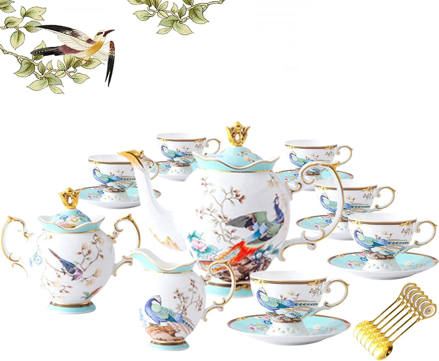 ACMLIFE Fine Bone China Tea Set with Teapot, Porcelain Tea Sets for Adults, 21-Piece Vintage Tea Set for 6, 24K Gold Blue English Floral British China Tea Sets for Women Tea Party for Gifts