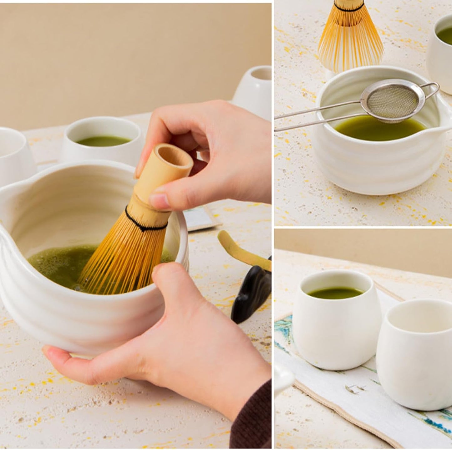 Matcha Whisk Set White, Ceramic Matcha Bowl Set with Bamboo Whisk, Holder, Scoop, Rest, Sifter and Towel – Complete 7 PCS Japanese Matcha Kit, Authentic Traditional Matcha Preparation Set