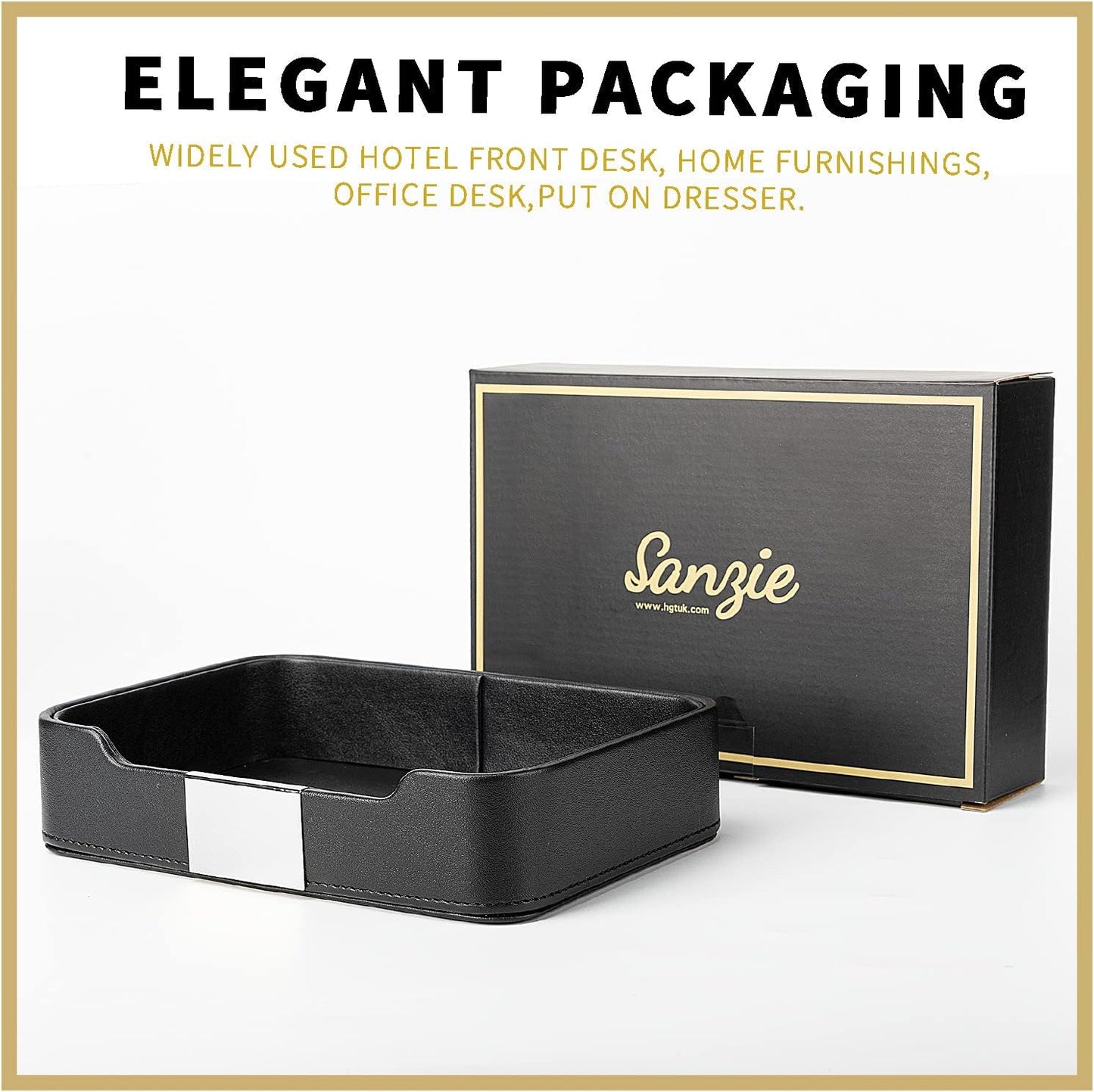 SANZIE Luxury Leather Tray Desktop Storage Catchall Organizer Decorative Tray for Entryway Table to Hold Jewelry Watch Keys Phone Wallet (Metal Silvered, Black)