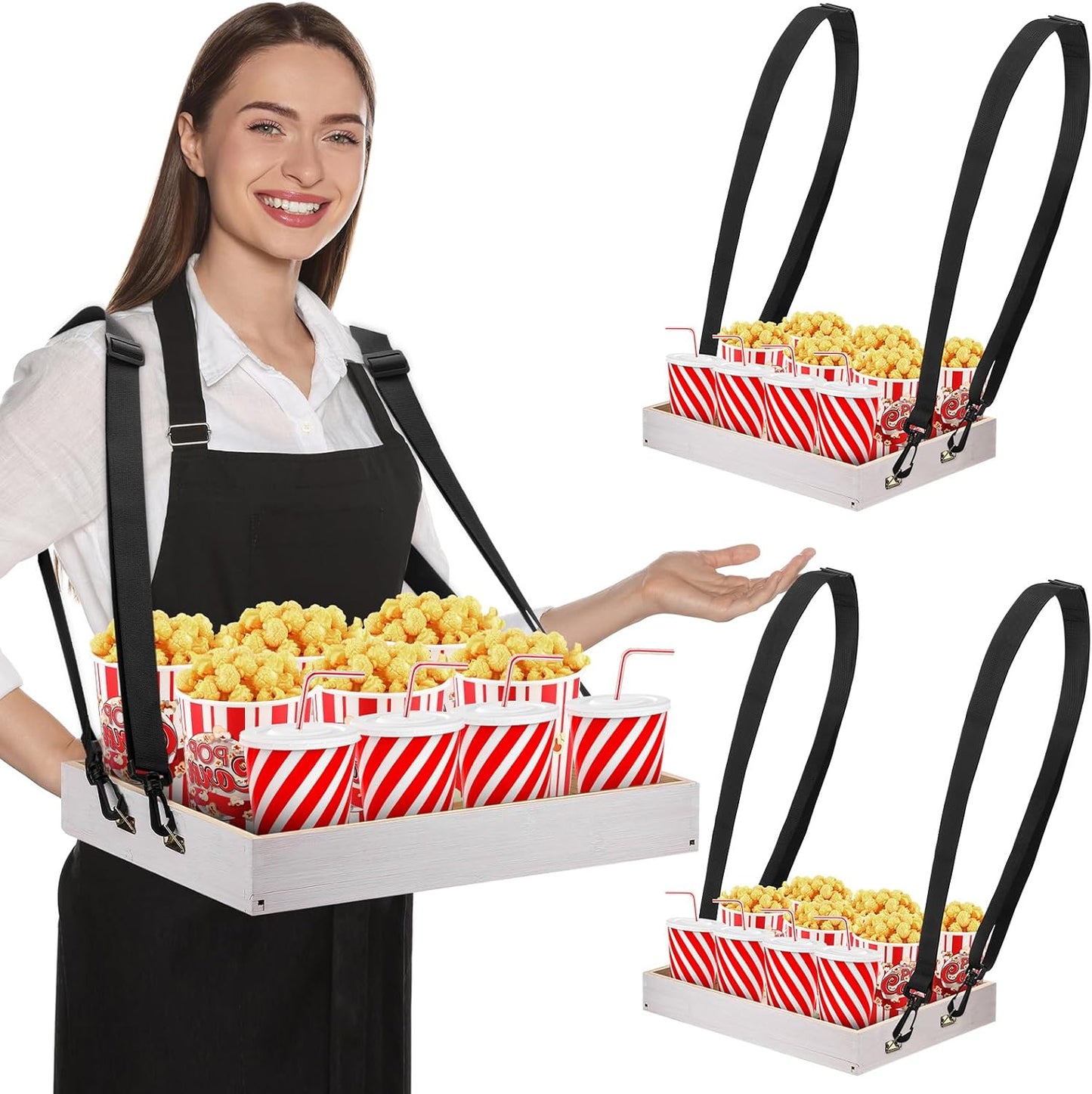 Marsui 2 Pcs Halloween Snack Trays with Straps 15 x 11 x 2 Inch Wooden Movie Night Snack Drink Trays Vendor Usherette Popcorn Drink Beverage Carrier for 20's Theme Carnival Party Costume(White)