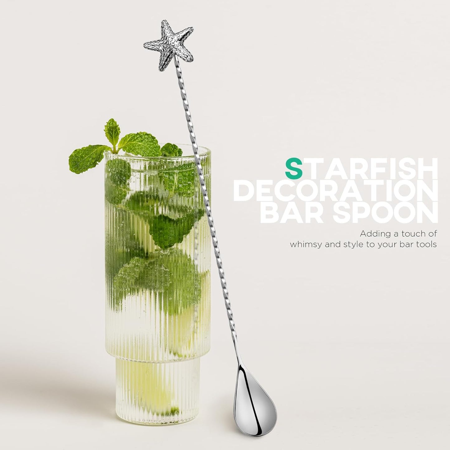 Homestia 12-Inch Ocean Series Bar Spoon, 304 Stainless Steel Cocktail Spoon for Layering Long Spiral Handle Mixing Spoon Stirrers for Drink, 2PCS Silver (Starfish and Trident)