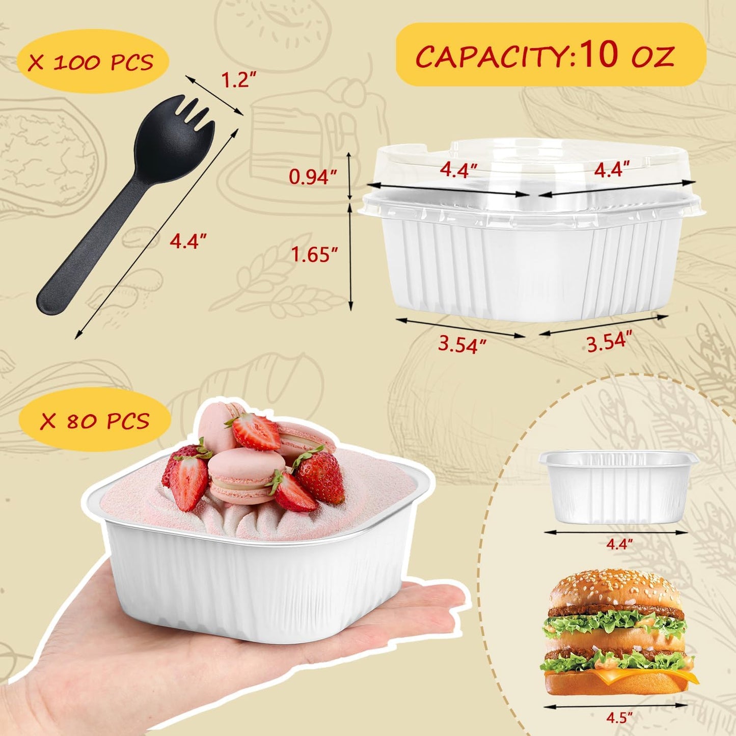 LNYZQUS 10oz/80pack Mini Cake Baking Pans with Lids, 4”X4” Small Cake Pan Foil Brownie Muffin Tins, Square Disposable Ramekins Cupcake Baking Cups Dessert Cheesecake Containers-White