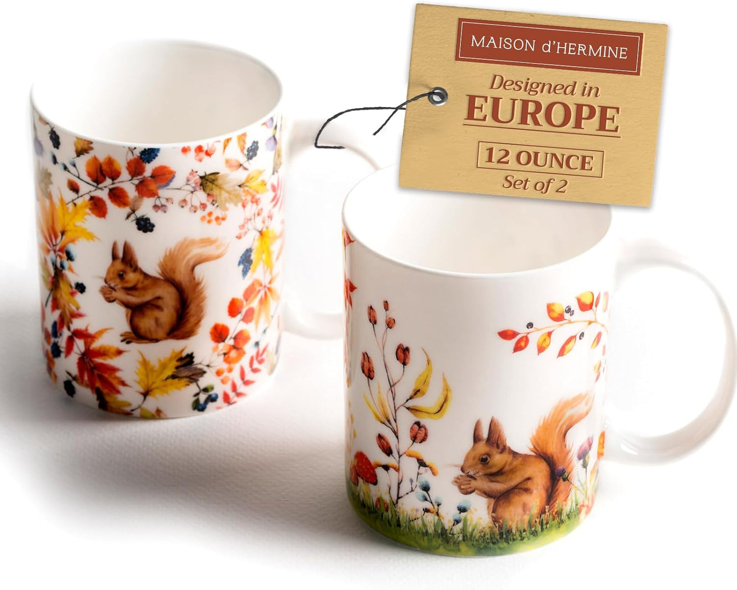 Maison d' Hermine Coffee Mug with Handles Fine Bone China Mugs Pack of Two Tea Cups for Hot Beverages Cappuccino Latte Home Restaurant Office Perfect for Gift (Sous-Bois, 12 Ounce)