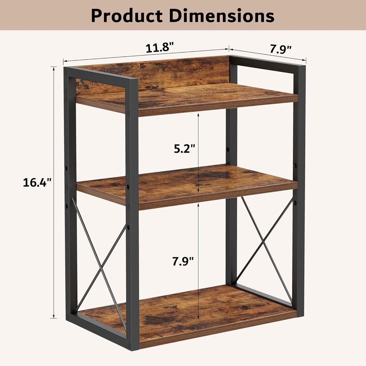 3-Tier Kitchen Spice Rack Organizer for Countertop, Coffee Counter Shelf, Mug Shelf, Bathroom Counter Organizer, Makeup Organizer, Rustic Brown and Black