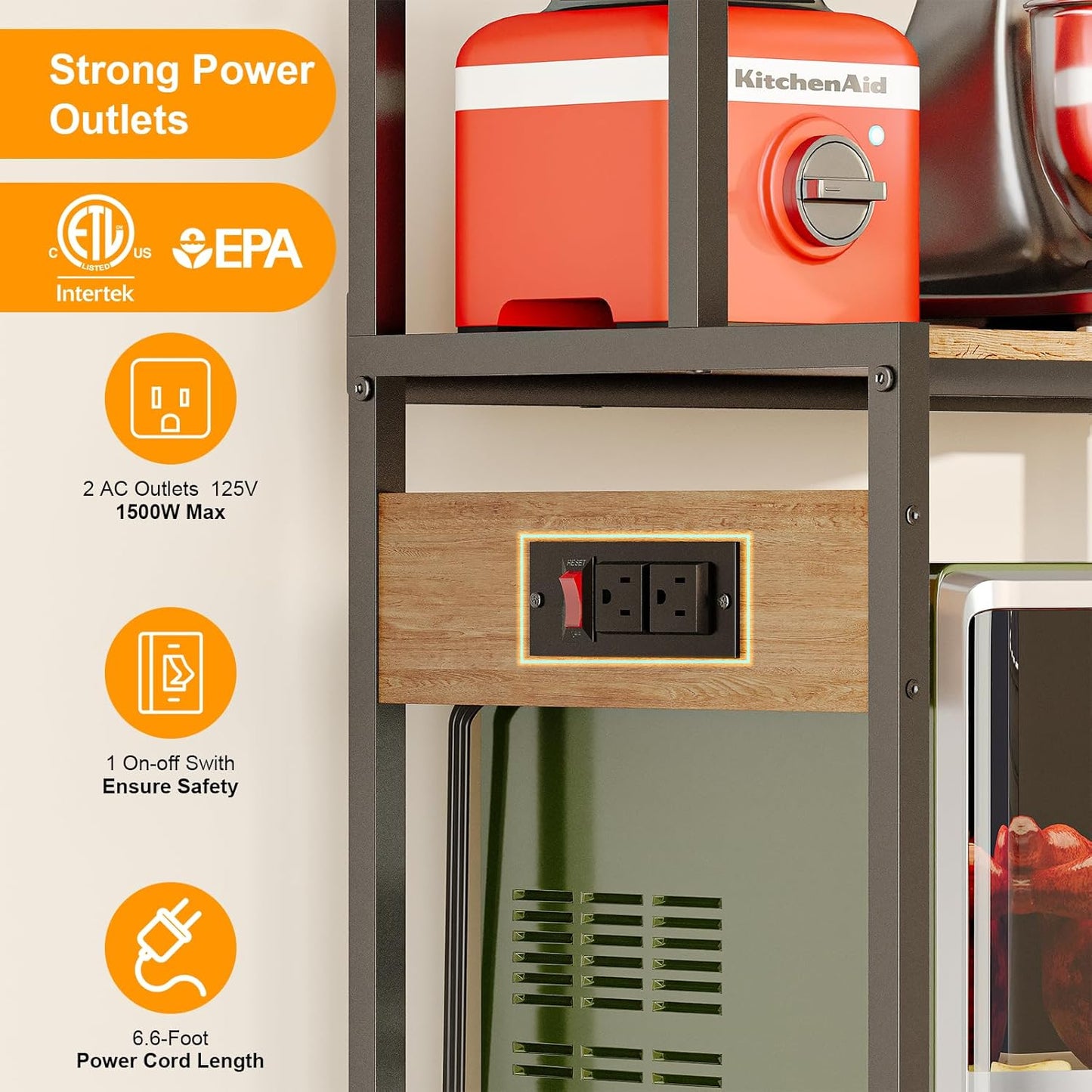 S1 Kitchen Bakers Rack with Power Outlet, Microwave Stand with Storage 5-Tiers, Freestanding Coffee Bar Table with 4 Hooks, Kitchen Storage Shelf 13" D x 22.9" W x 58.3" H, Rustic Brown