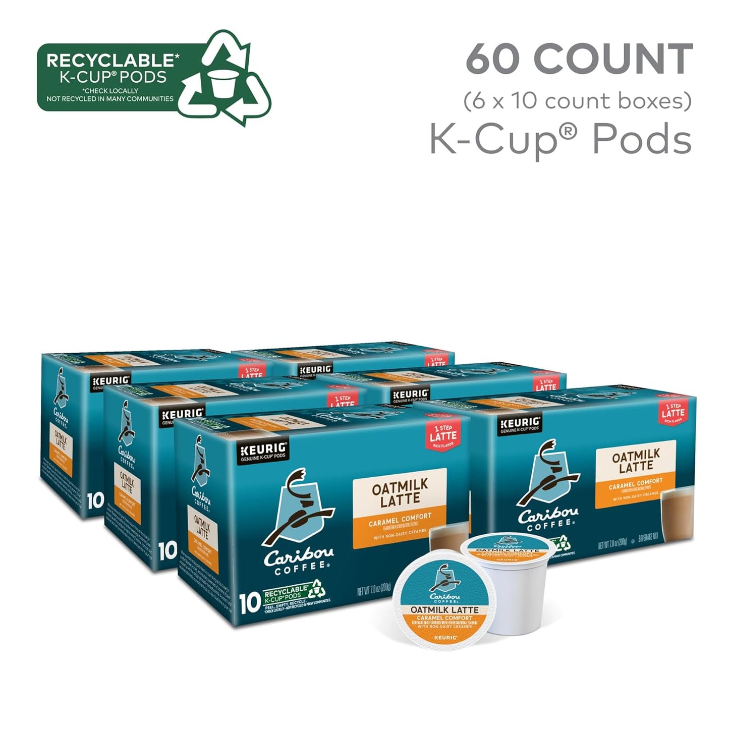 Caribou Coffee Caramel Comfort Oatmilk Latte, One Step Latte Single Serve Keurig K-Cup Pods, 60 Count (6 Packs of 10)