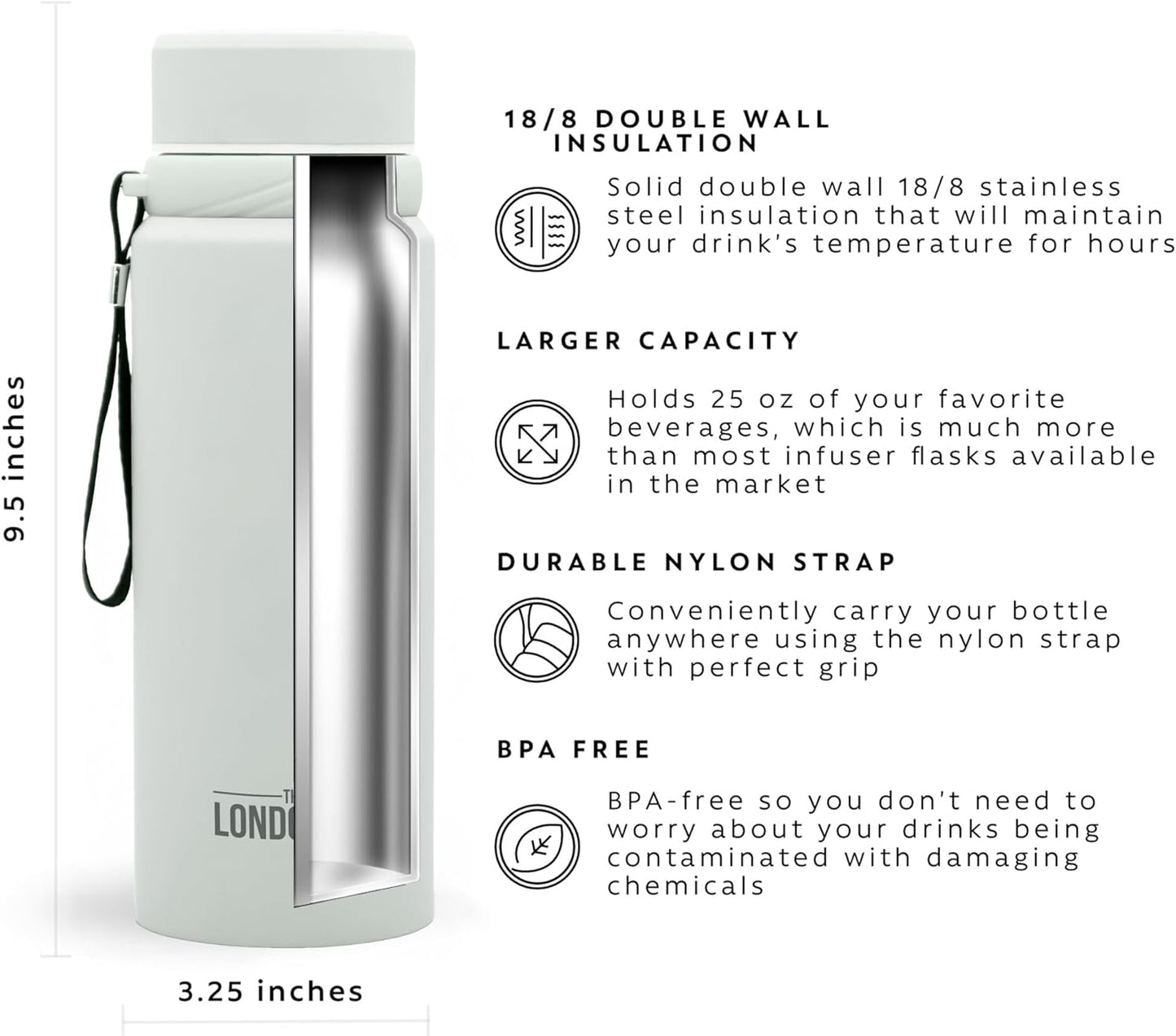 London Sip 25 oz Multi-Purpose Tea Infuser Mug – Fruit Infuser Water Bottle for Hot and Cold – Double Wall Stainless Steel Insulated, Pearl White