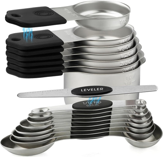 Magnetic Measuring Cups and Spoons Set Stainless Steel Stackable 7 Magnetic Metal Measuring Cup 8 Magnetic Measuring Spoon with Leveler for Dry Liquid Ingredient