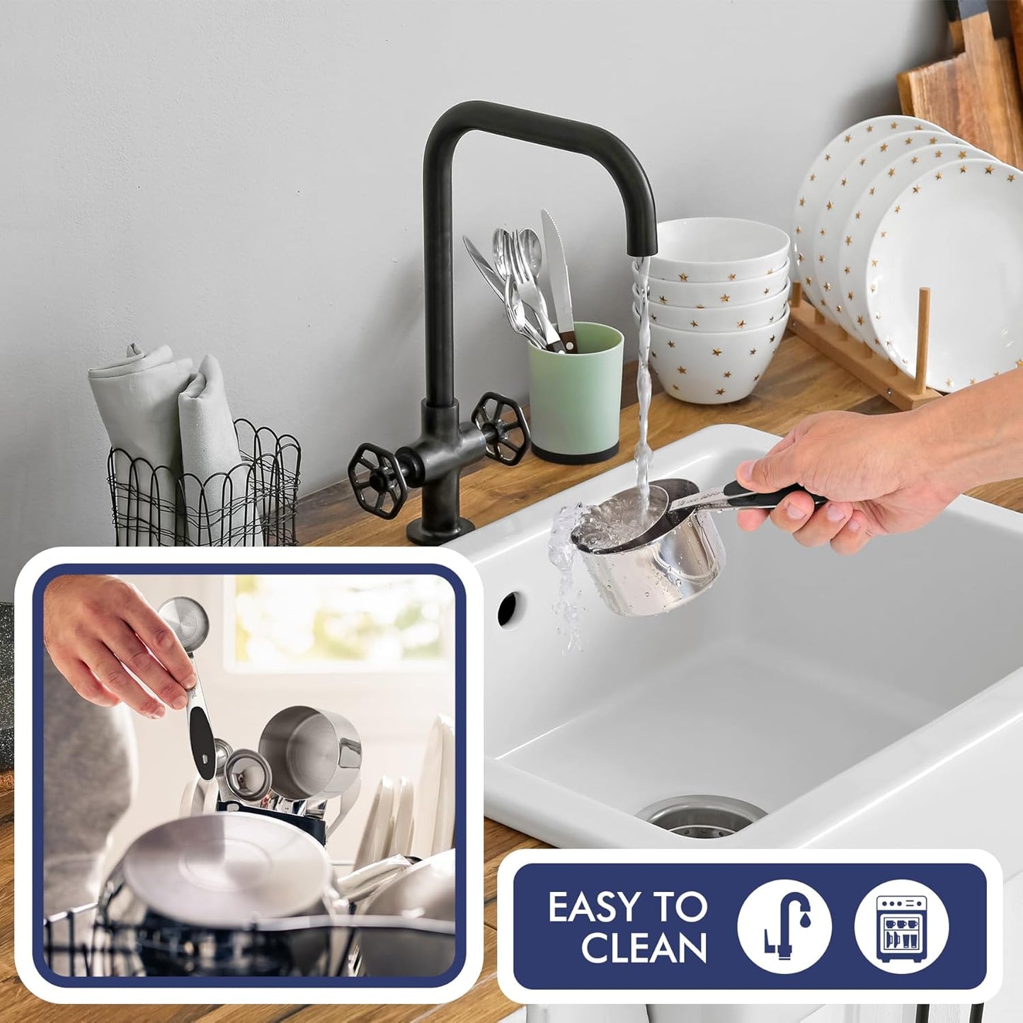 HOTEC 10-PACK Measuring Cups &Spoons Set, Kitchen Gadagets Cooking Baking,Heavy Duty & Dishwasher Safe for Dry and Liquid Ingredients,Black