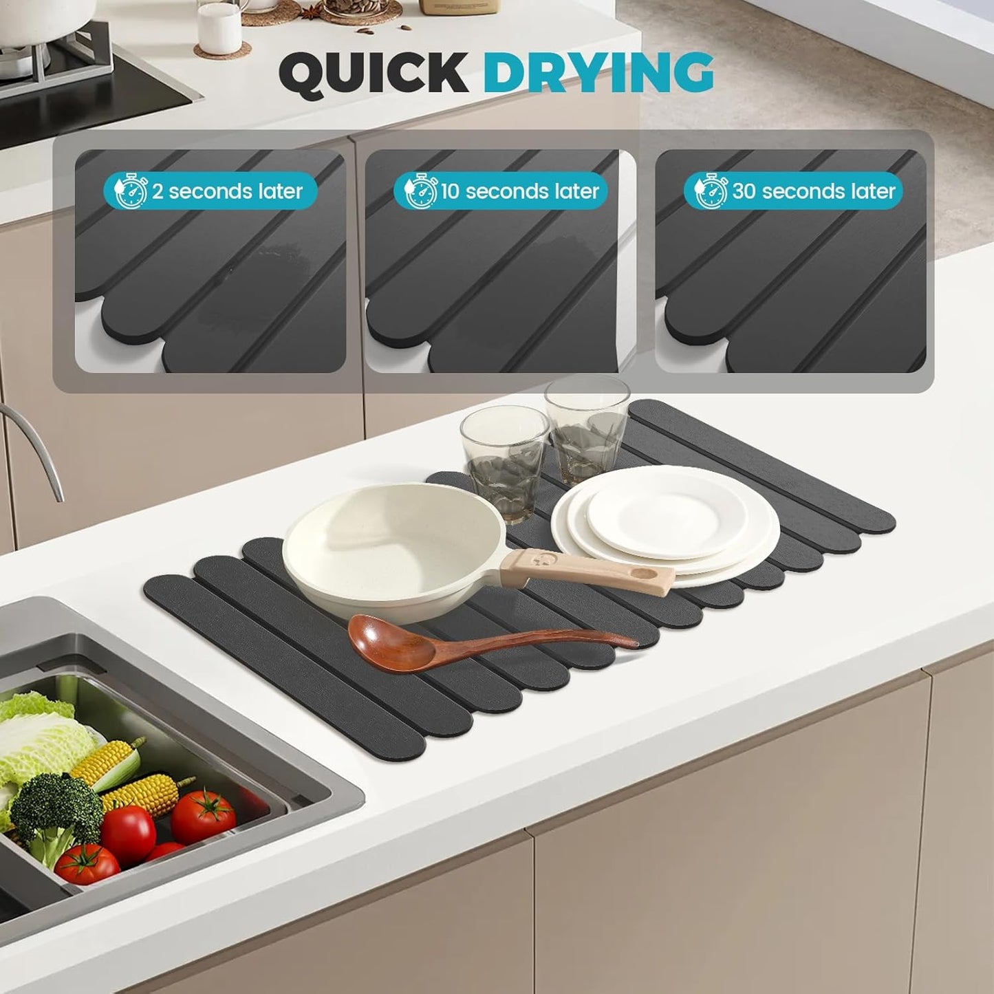 Extral Large Quick Dry Stone Drying Mat for Kitchen Counter,24"(L)x16"(W) Collapsible Eco-Friendly Absorbent Diatomaceous Earth Mat for Dishes Cups,Dish Drying Mats (Deep gray-Ellipse, 24x16 inch)