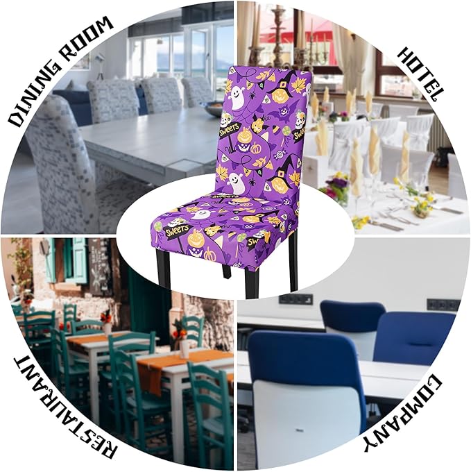 JQinHome Purple Halloween Chair Slipcover, Spider Web Chair Covers Set of 4, High Stretch Washable Chair Protector Cover for Dining Room, Kitchen,Home Party,Wedding Ceremony(Purple Candy,4PC)