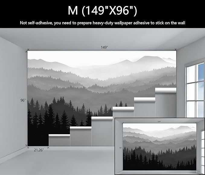 WFBHUA-Black and White Forest Mountain Wallpaper Gray Woodland Nature Landscape Wall Paper Mural for Bedroom Living Room(Not Peel and Stick)
