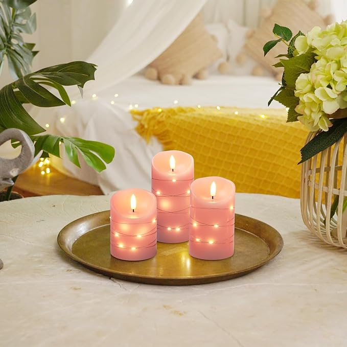 Homemory Flameless Candles with String Lights, 3 Pack Embedded Fairy String Lights LED Candles, Electric Flickering Candles with Remote Control and Timer, Real Wax, Pink