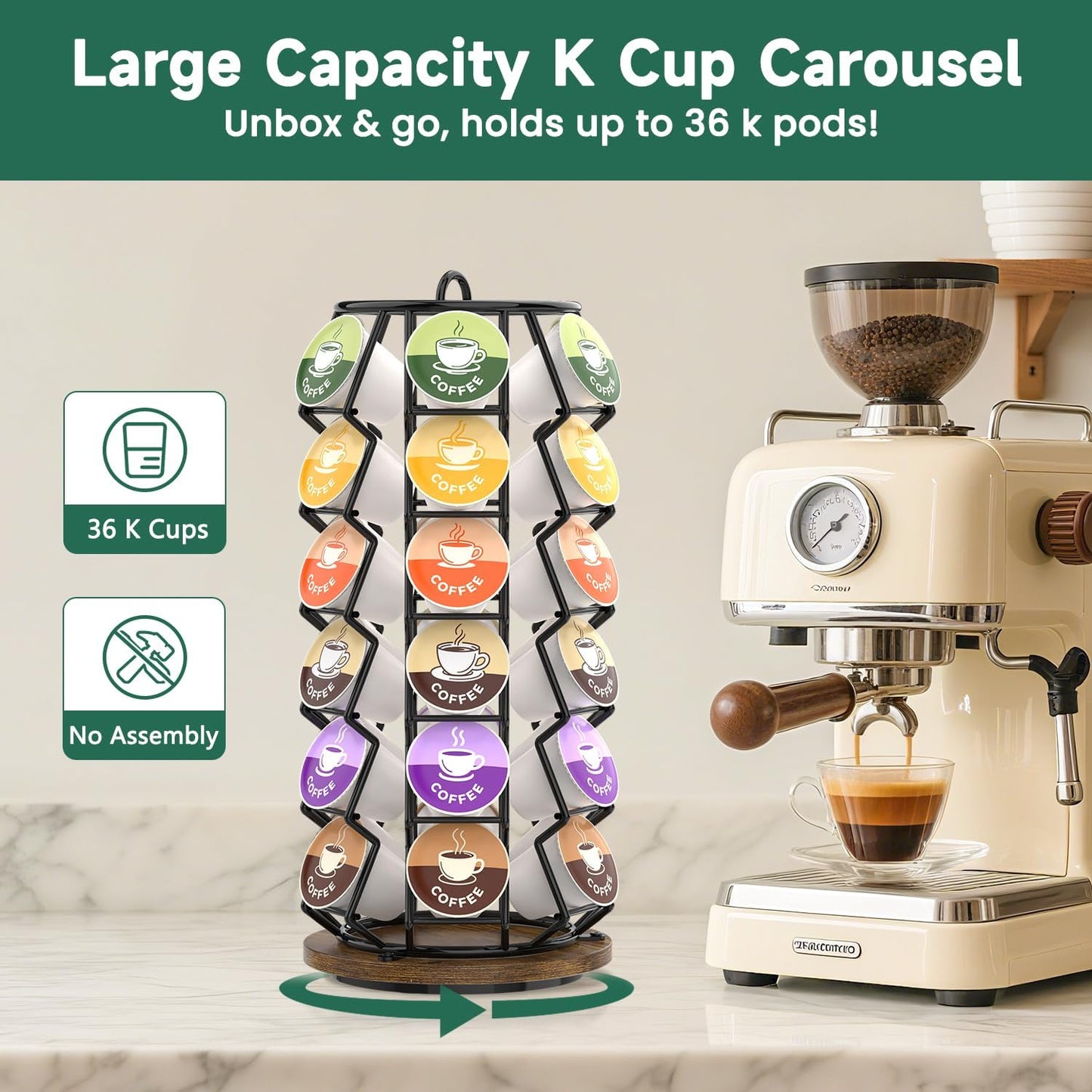 EsLuker.ly K Cup Coffee Pod Holder Organizer Carousel for Counter, Rotating Metal Rack Stand Small for 36 Pods Home Office Kitchen Storage, No Assembly Required, Black
