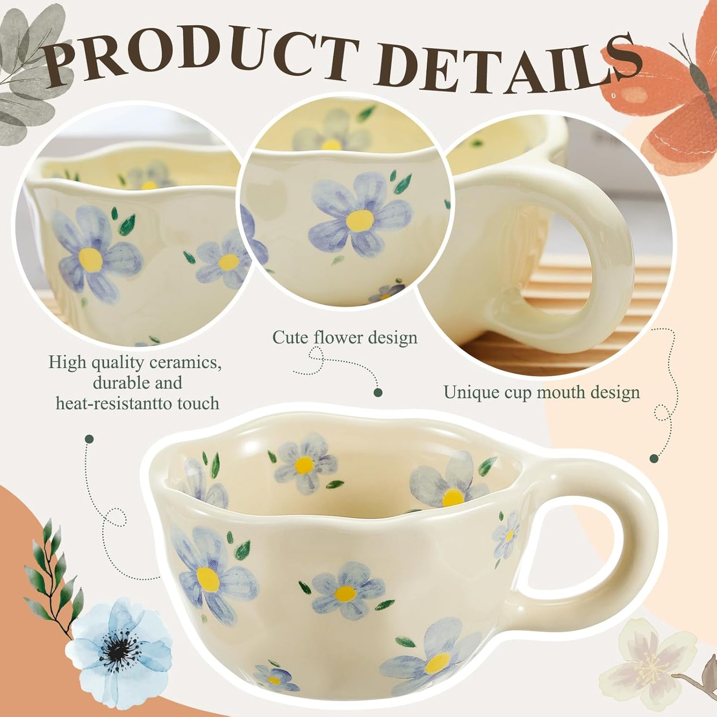 Vesici 4 Styles Cute Ceramic Flower Coffee Mug Set 8. 5 oz Vintage Aesthetic Porcelain Floral Tea Coffee Cup with Handle Dishwasher Microwave Safe for Woman Girls Gifts